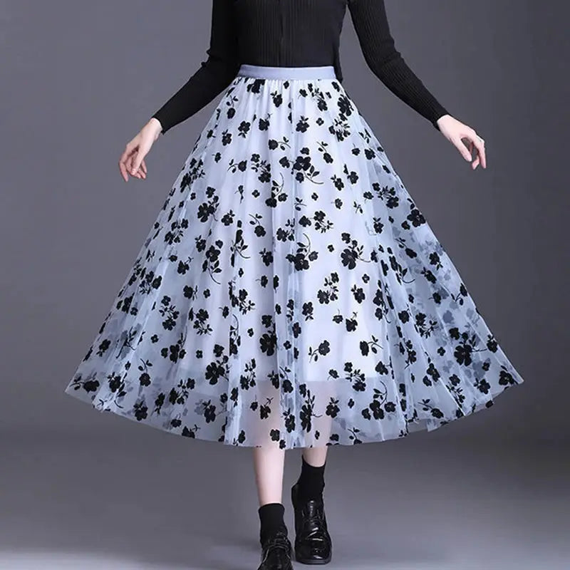 Floral tulle midi skirt in light blue with black flowers by Simples Market