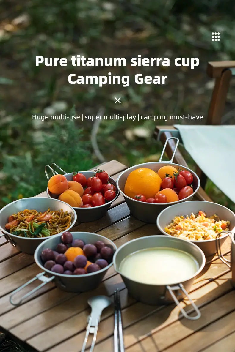 Six Tiartisan 260ml titanium Sierra bowls with fixed handles by Simples Market, outdoor camping set on a wooden table