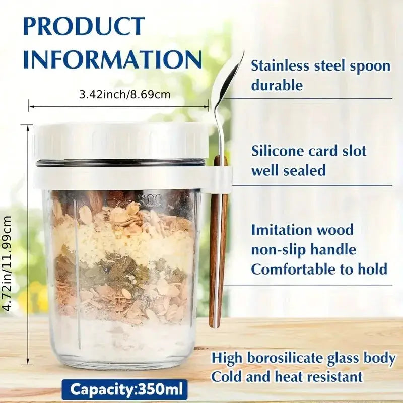 350ml Glass Overnight Oats Cup Portable With Lid And Integrated Spoon