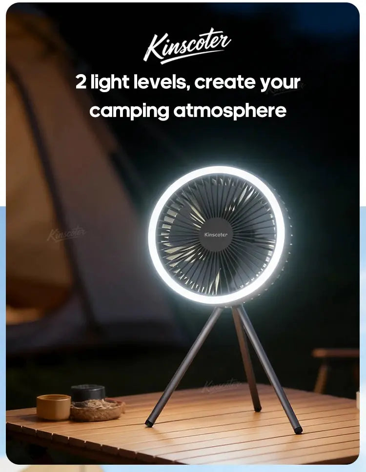 Kinscoter camping fan with LED ring light on tripod stand; black portable desk circulator with built-in power bank