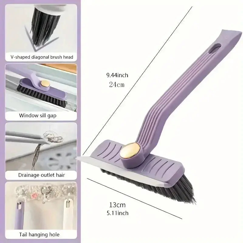 Simples Market 4-in-1 rotating scrubber brush with clip scraper, purple hard bristles for bathroom and kitchen tiles.