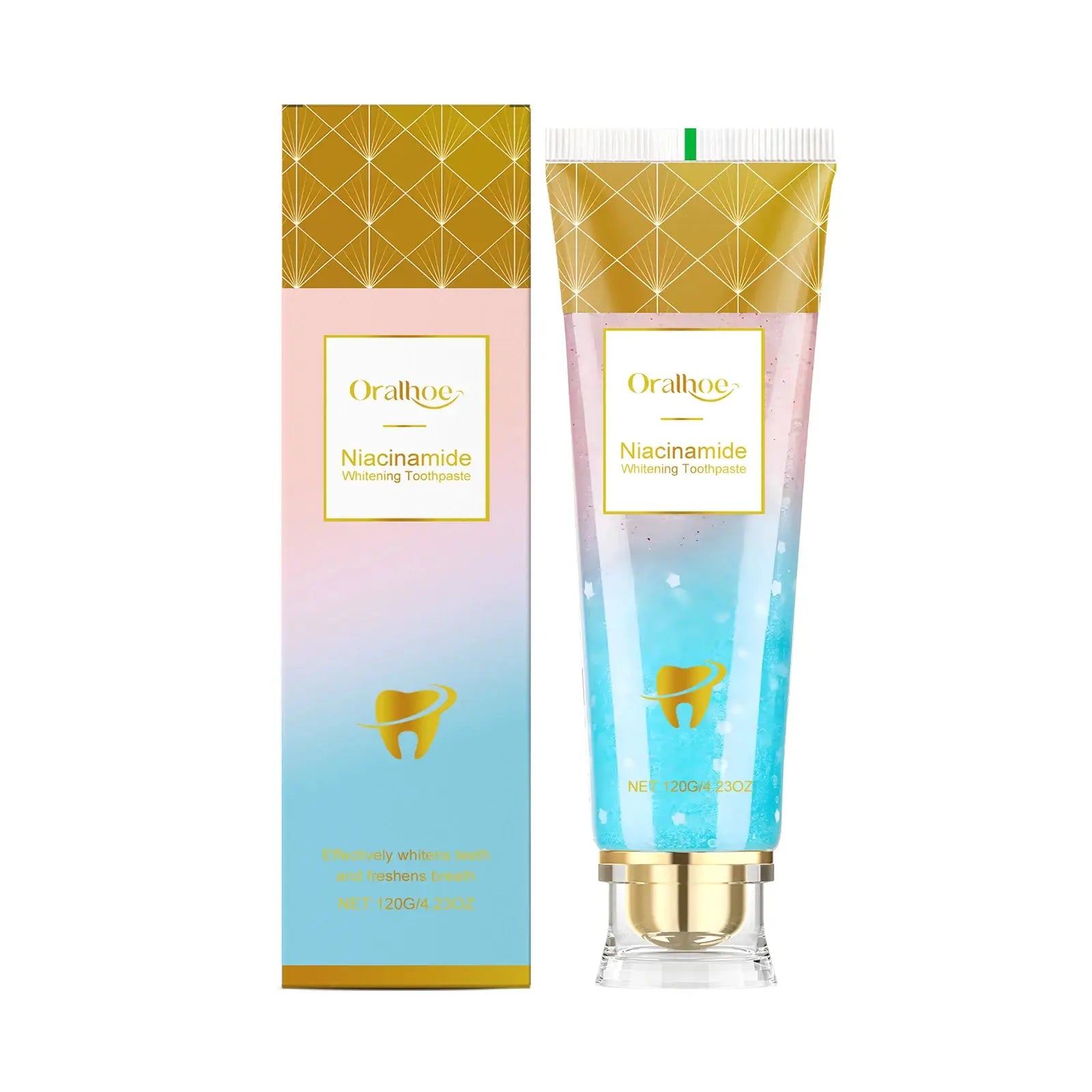 Toothpaste box and tube, Niacinamide Whitening by Simples Market, with gold geometric top and pastel gradient