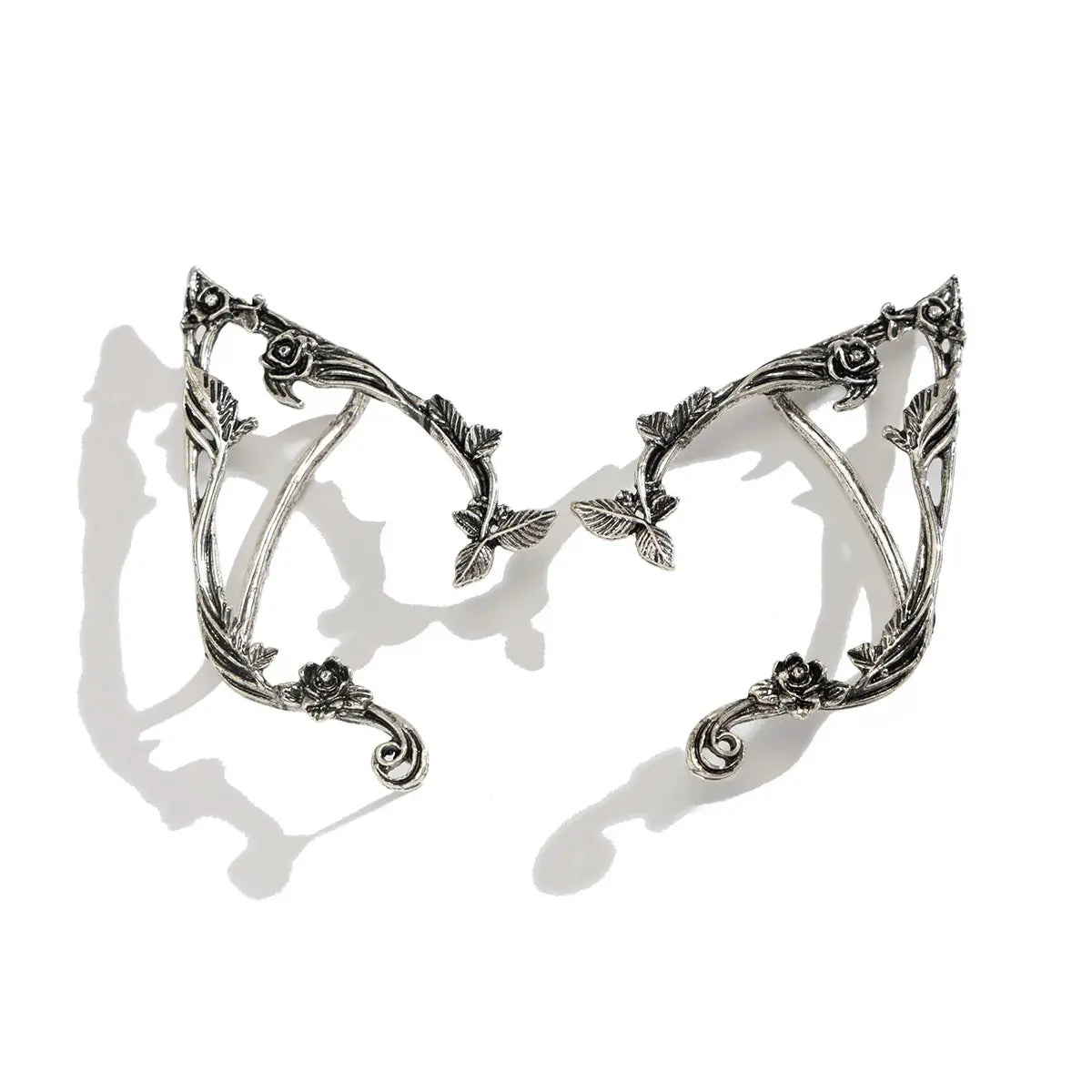 Silver-tone elf flower leaf ear clips, 2-piece set with vine detailing, for wedding or gifting