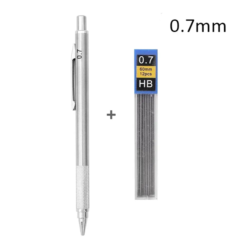 Metal mechanical pencil in silver with clip; 0.7mm lead, plus blue HB lead refills pack (60mm, 12pcs)