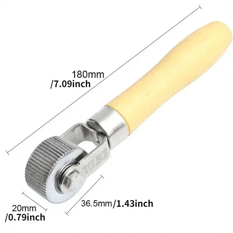 Tire repair roller with wooden handle, metal head, 180mm length; Simples Market.