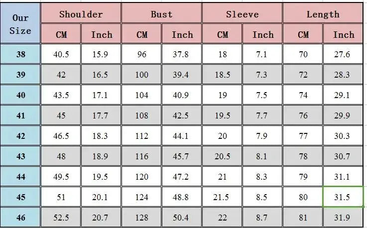 Simples Market men's 100% cotton Oxford shirt size chart with shoulder–bust–sleeve–length measurements for sizes 38–46