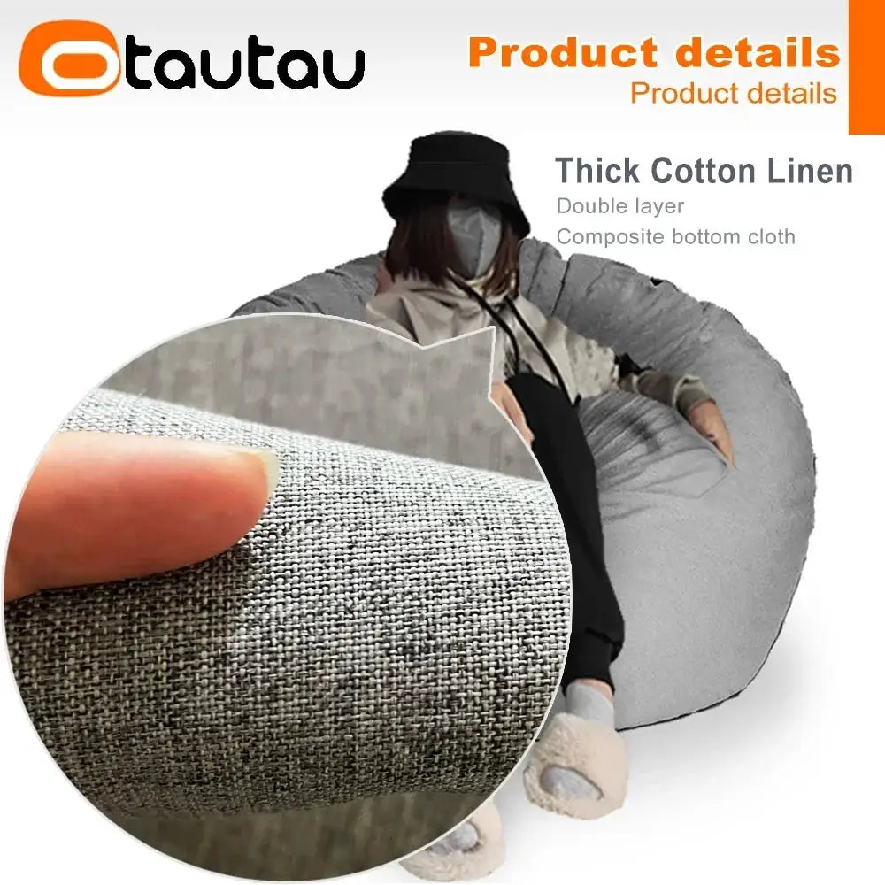 OTAUTAU 70cm bean bag sofa in gray thick cotton-linen fabric with filler for lounge relaxation
