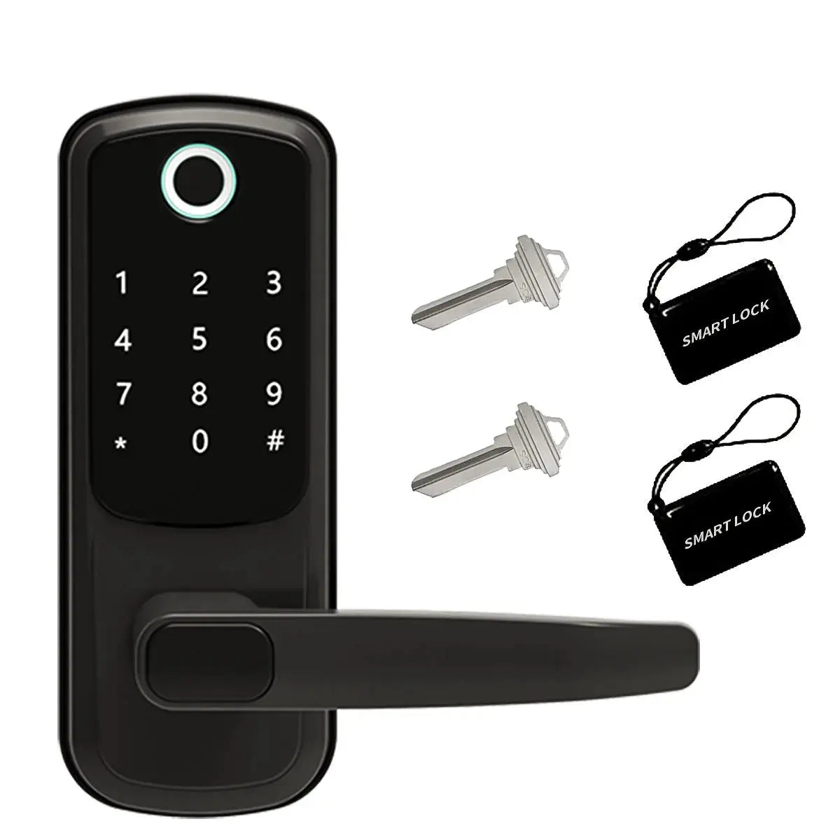 Simples Market wifi smart door lock with keypad, black finish; includes 2 keys and 2 smart card fobs