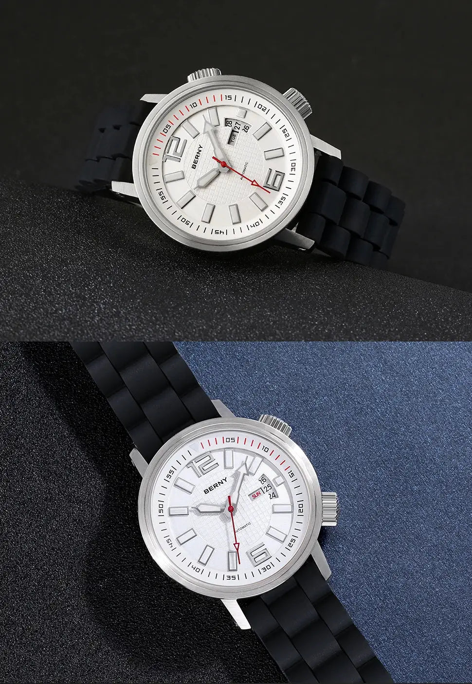 BERNY diver watch for men, 20ATM automatic, white dial, black silicone strap, sapphire crystal.