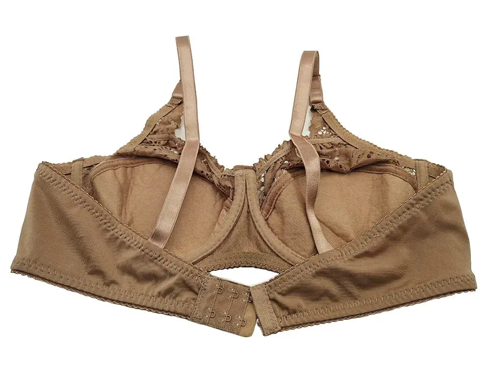 Beige lace-trim bra top with adjustable straps and back hook closure.