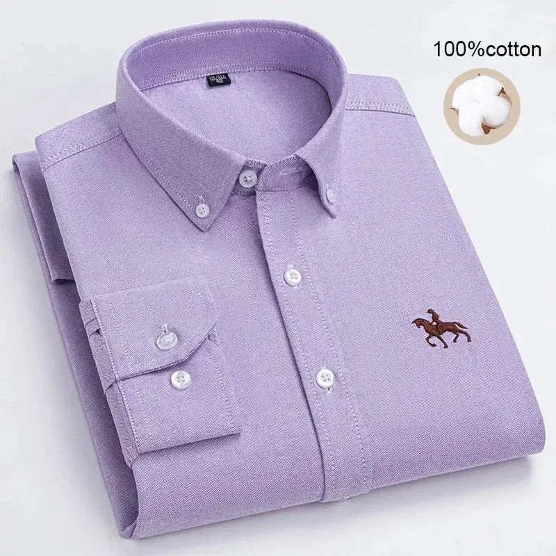 Large size lavender 100% cotton oxford men's long-sleeve shirt with button-down collar and horse logo.