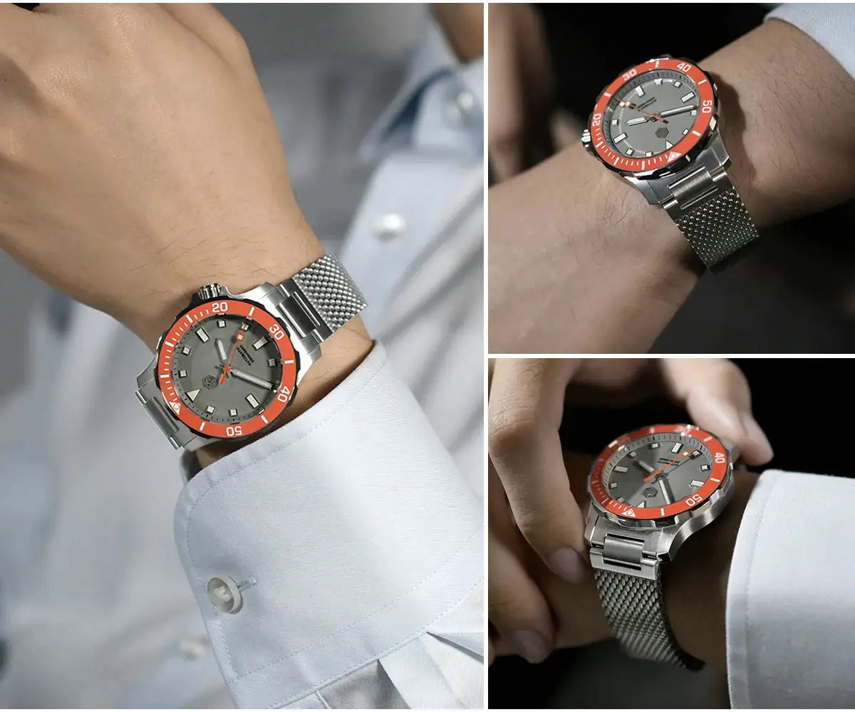 Simples Market San Martin Diver watch, 39.5mm V2, orange bezel, grey dial, Milanese stainless bracelet