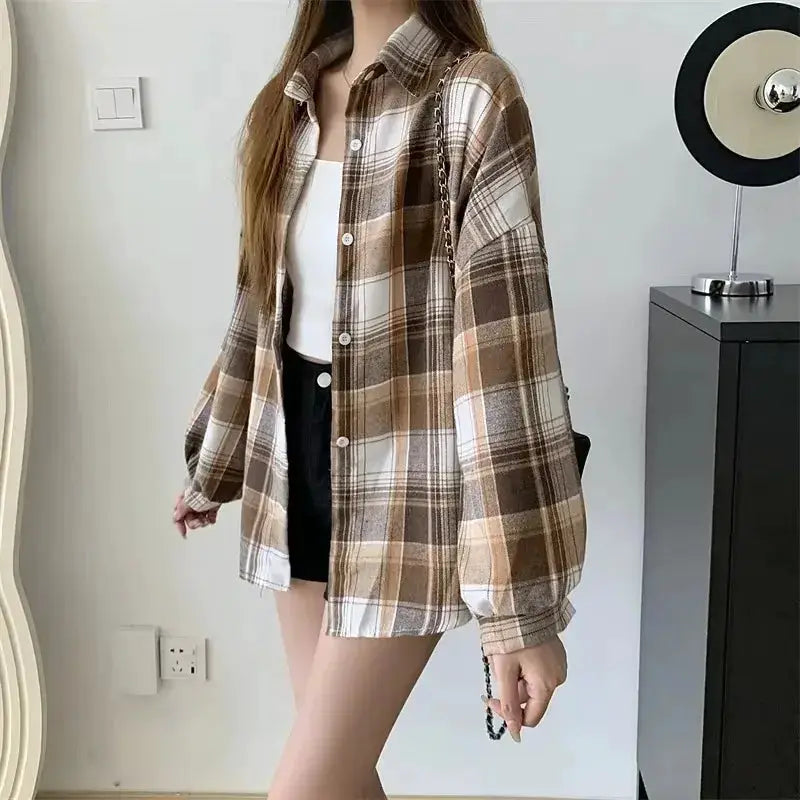 Plaid Shirt Women Autumn Long Sleeve Vintage Single Breasted Blouse Loose Check Shirts Preppy Style
