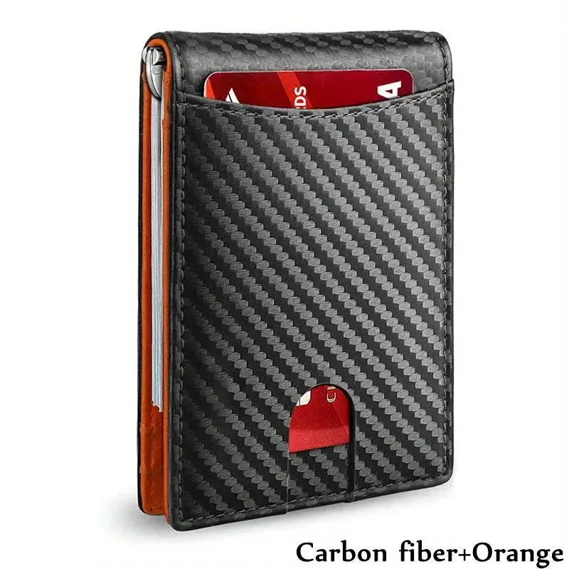 Slim synthetic leather smart wallet for men with carbon fiber pattern, orange trim, RFID blocking and card slots
