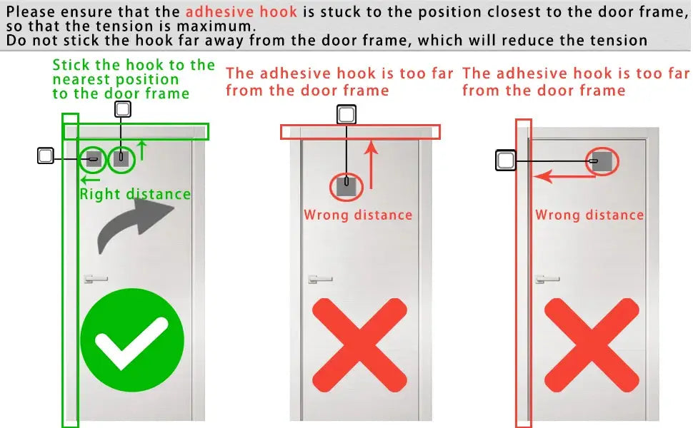 Punch-Free Automatic Sensor Door Closer installation guide showing correct (green) vs incorrect (red) hook placement.