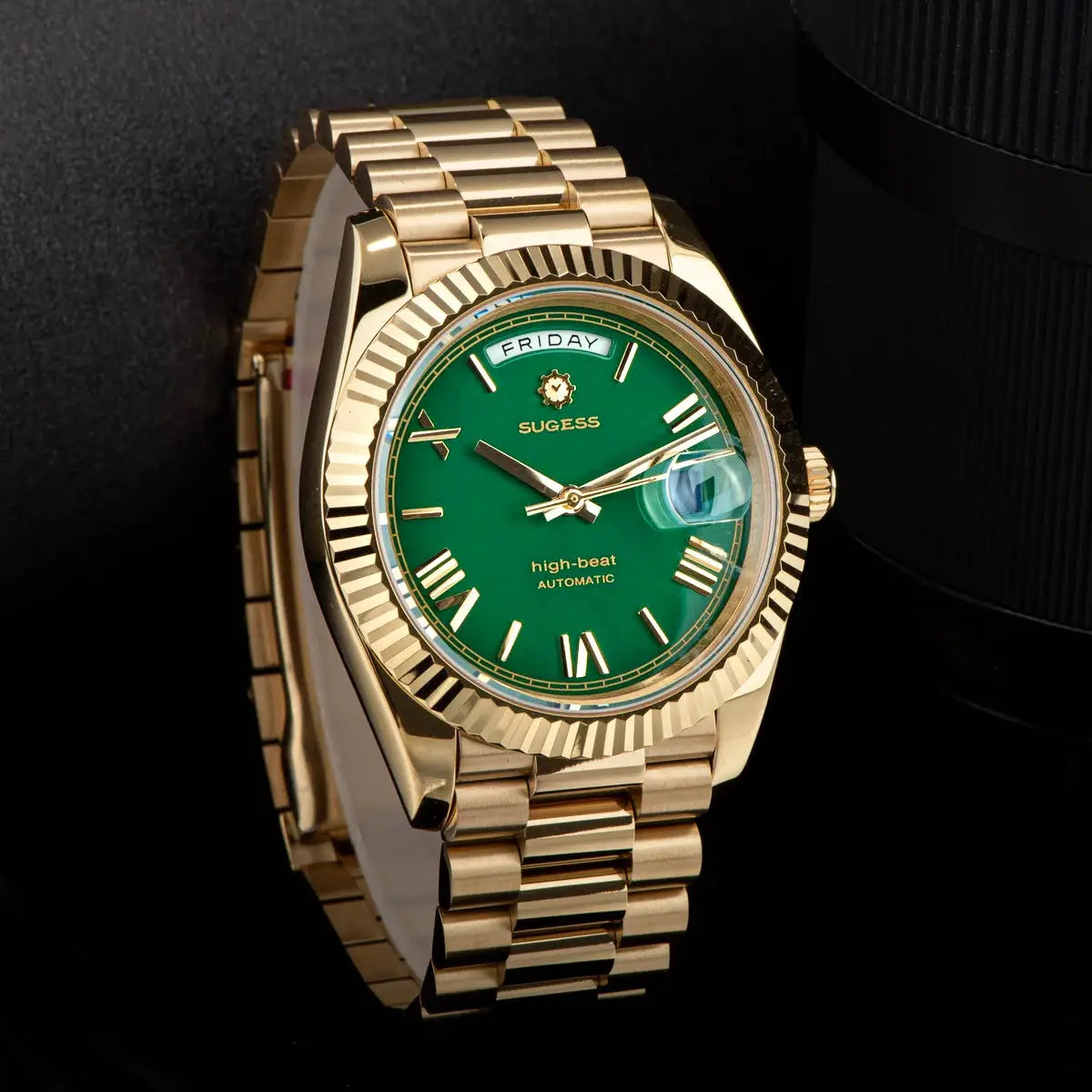 Sugess gold-tone 40mm men's wristwatch with green dial, date and day display, sapphire crystal, automatic movement
