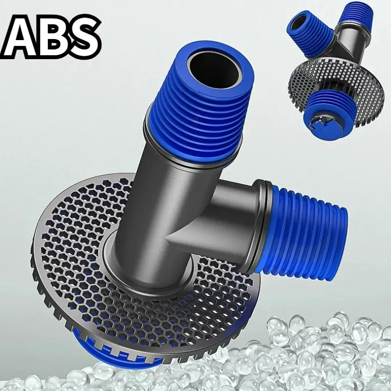 Universal ABS washing machine floor drain connector with blue threaded hoses and stainless mesh filter