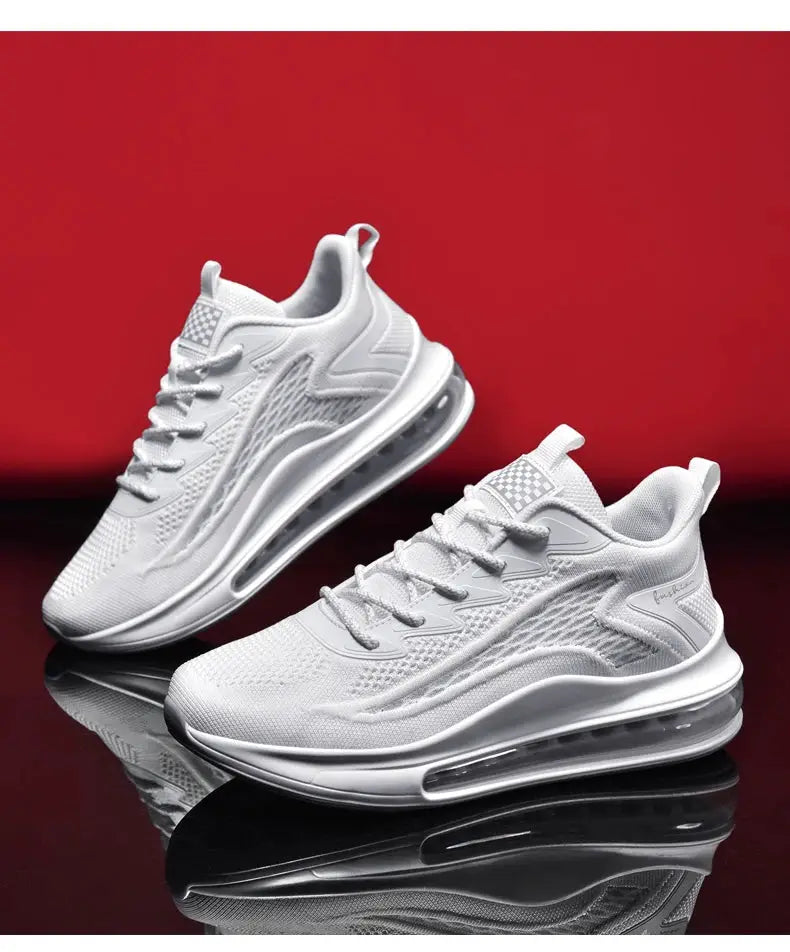 Men's white running sneakers pair, breathable mesh upper with air-cushion sole