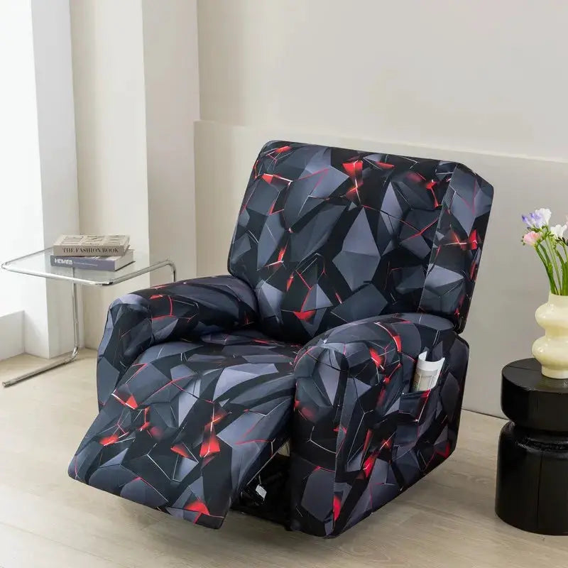 Recliner chair cover in dark blue/gray geometric pattern with red accents, stretch fabric