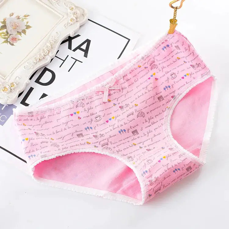 Pink cotton seamless women's underwear with cartoon print and bow, plus-size.