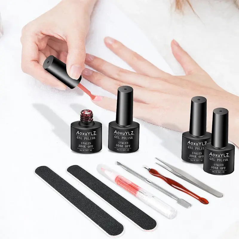 Gel nail polish set by Simples Market with 4 glass bottles in red/pink and manicure tools