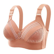 Peach satin lace-trimmed bra with wide straps, non-wire molded cups, breathable and comfortable