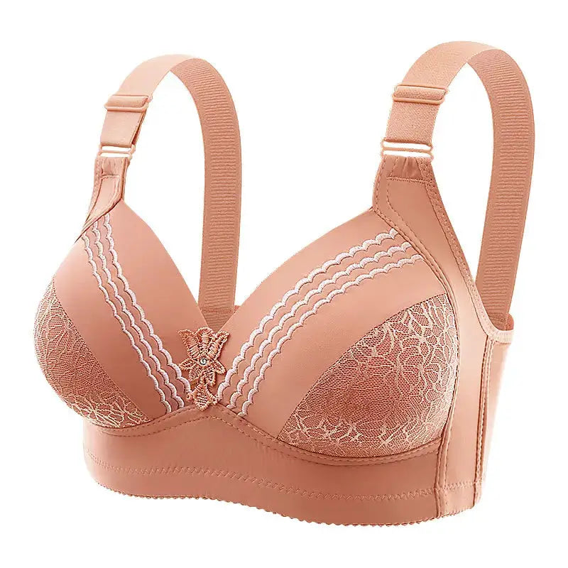 Peach satin lace-trimmed bra with wide straps, non-wire molded cups, breathable and comfortable