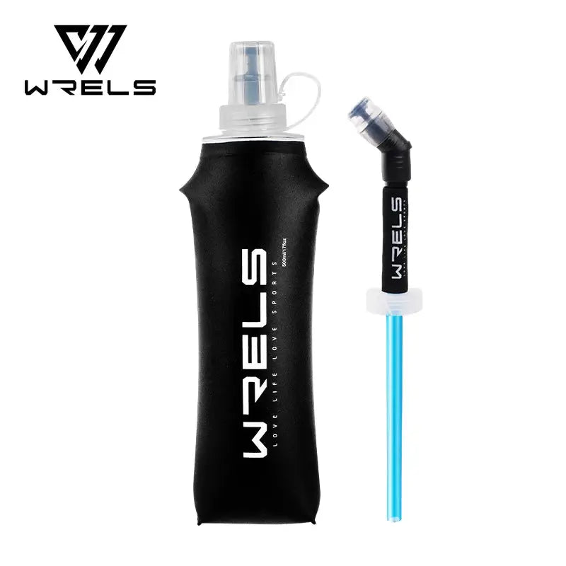 WRELS soft flask bottle in black neoprene sleeve with BPA-free TPU, includes blue straw