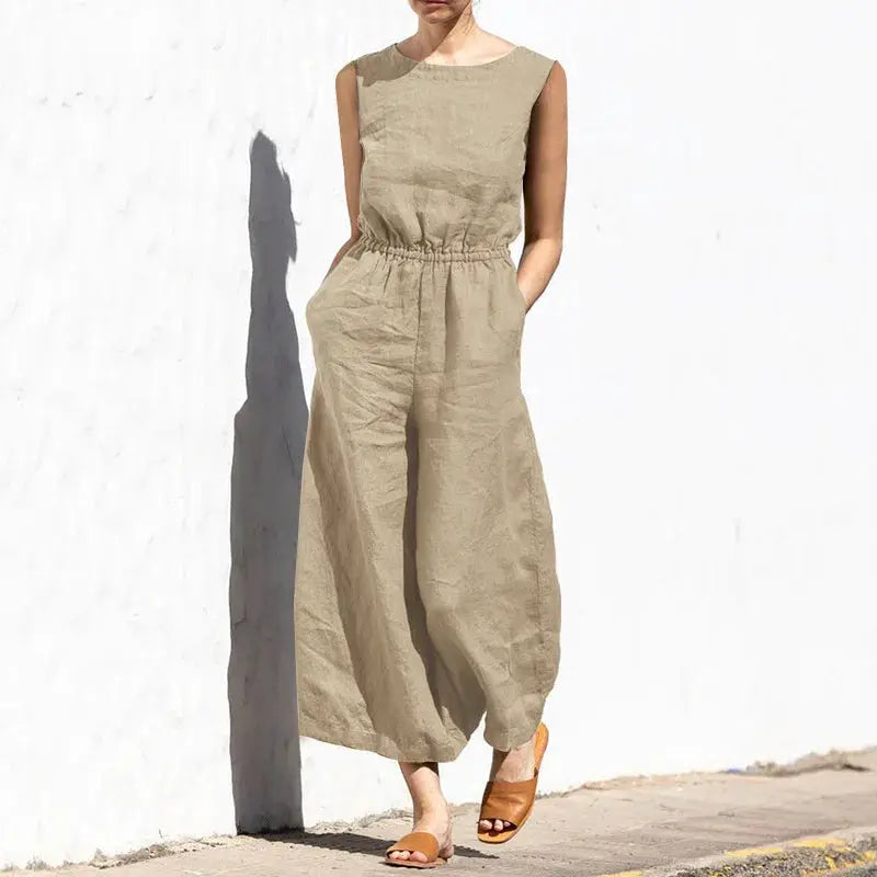 Simples Market cotton and linen jumpsuit for women, beige sleeveless high-waist with pockets and wide legs
