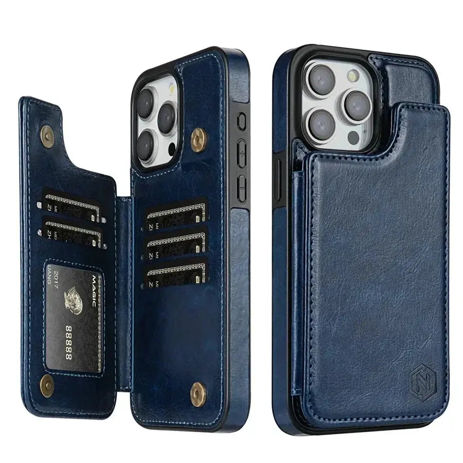 Simples Market blue leather wallet phone case with RFID blocking, magnetic clasp and card slots for iPhone