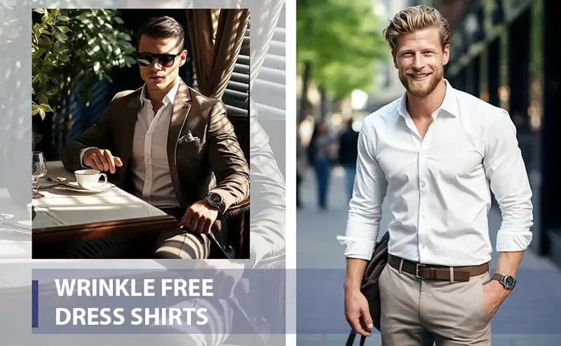Wrinkle-free dress shirts for men; white and brown long-sleeve styles (2 shirts) for business/casual.