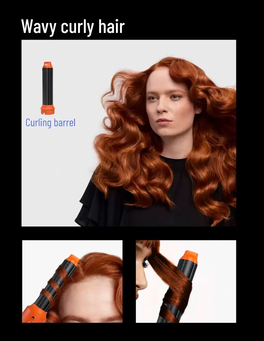 Simples Market 6-in-1 hair styler with orange curling barrel and black body; model shows wavy red hair.