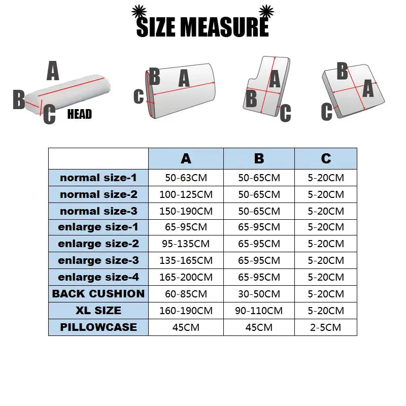 Sofa cushion slipcover size guide with A/B/C dimensions chart