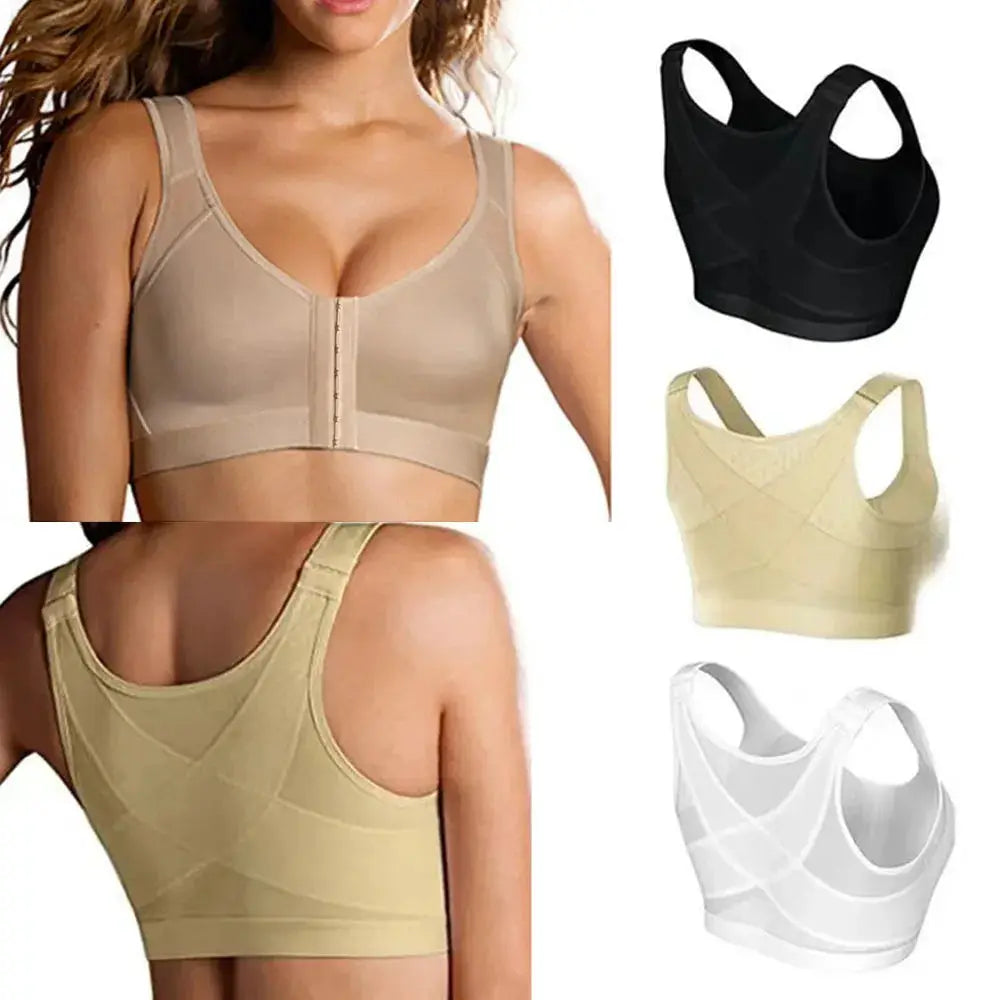 Simples Market vest bra set with front-closure, cross-back posture support; four colors: black, beige, tan, white