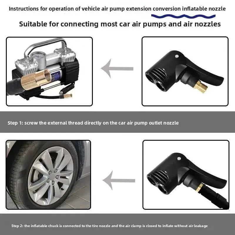 2-in-1 air pump nozzle adapter kit; black plastic with brass connector for car tires