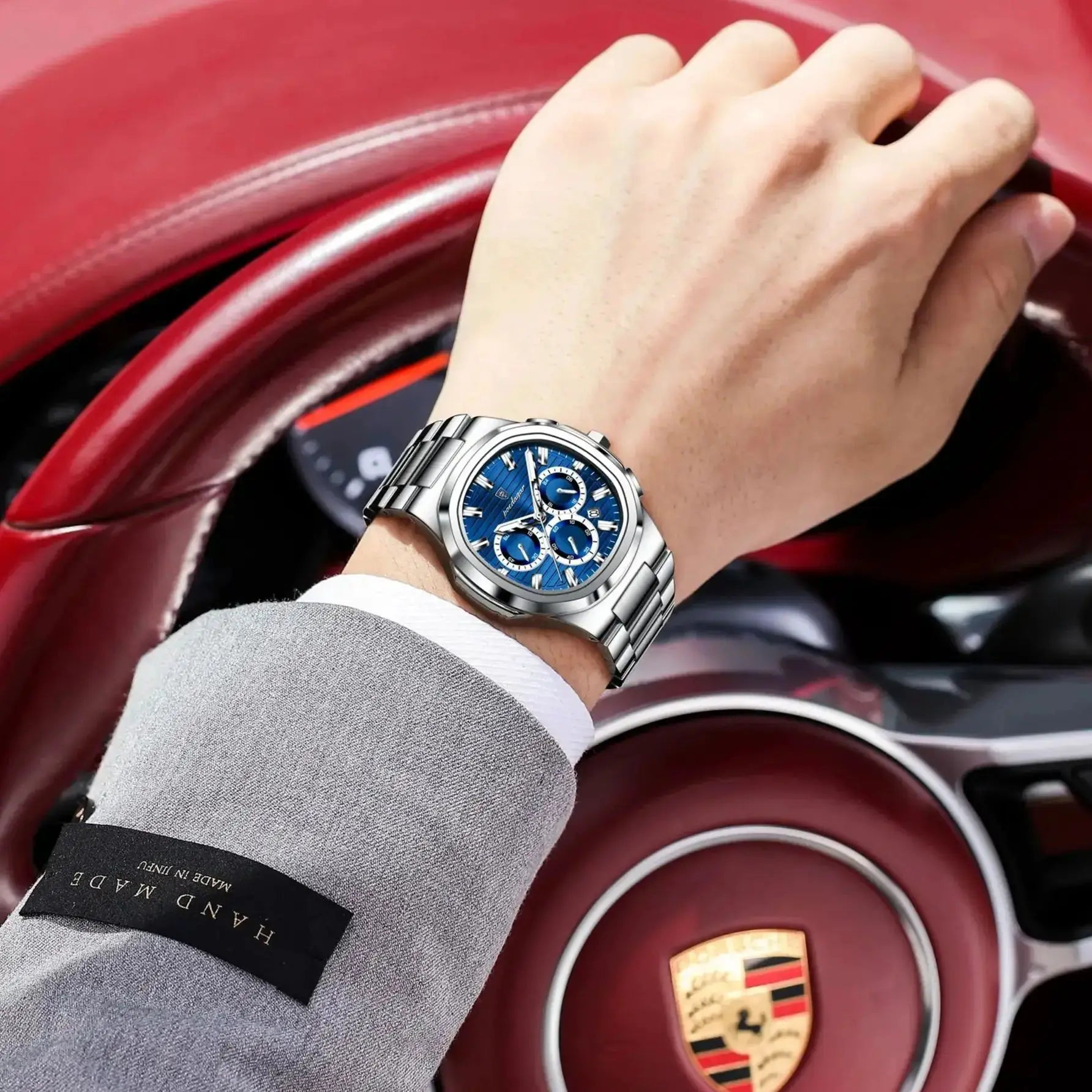 POEDAGAR men's stainless steel chronograph watch with date and blue dial