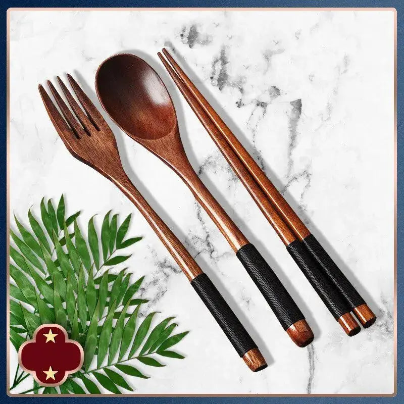 ZenWood Japanese Style Three Piece Wooden Cutlery Set With Chopsticks Fork Spoon Hygienic Safe Easy To Use