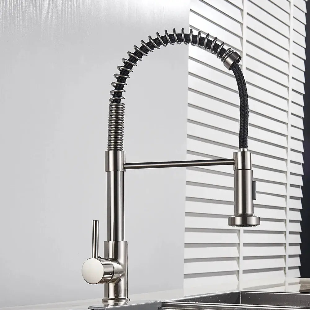 Rozin brushed nickel kitchen faucet, deck-mounted mixer with spring gooseneck and pull-down sprayer, 360-degree rotation