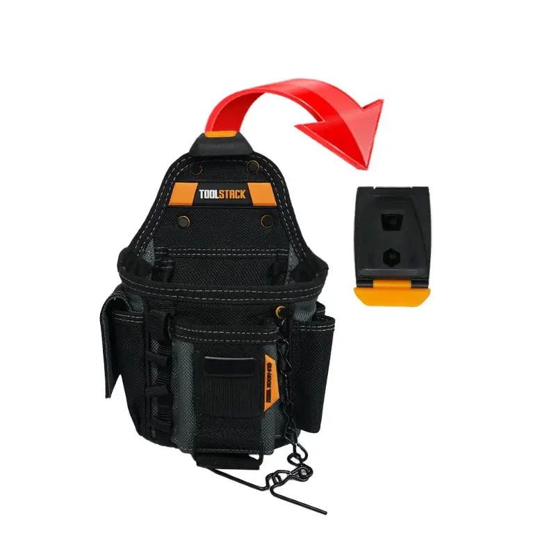 TOOLSTACK waist tool bag in black with orange accents; multi-pocket electrician storage pouch.