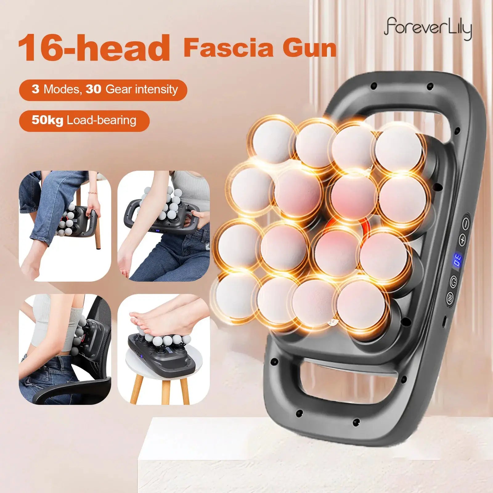 Simples Market 16-head fascia gun massage device with orange glow nodes; gray handheld back/neck massager.