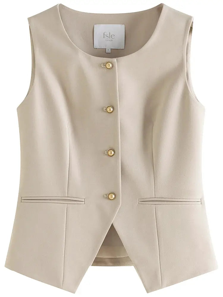 FSLE sleeveless blazer vest in beige with gold buttons and front welt pockets.