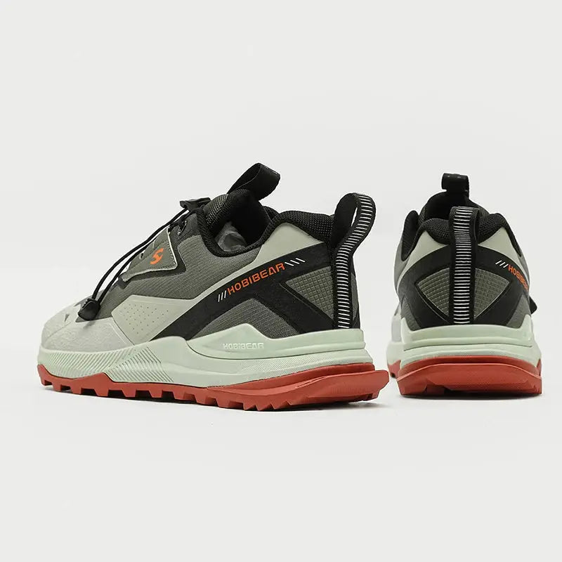 HOBIBEAR unisex running shoes with elastic laces, gray/black upper, mint midsole, coral outsole (pair)