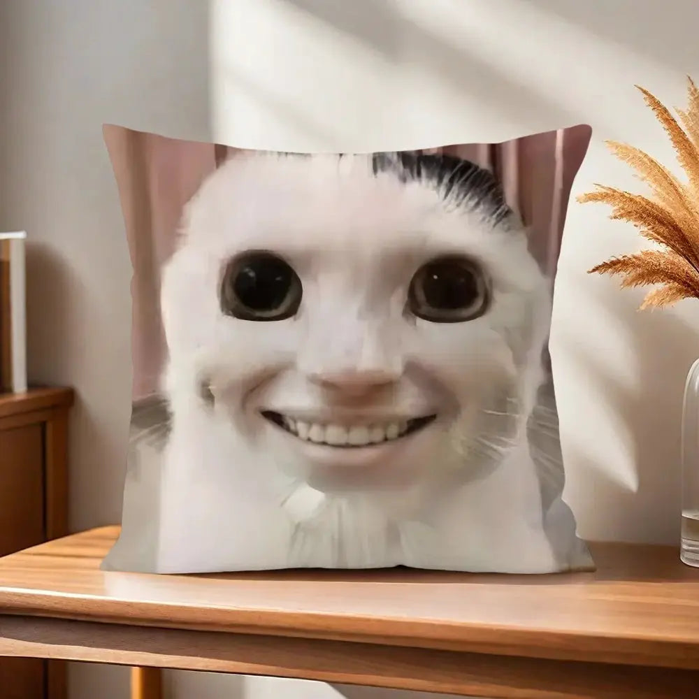 Cushion cover with a large white cat face print; soft fabric for sofa decor