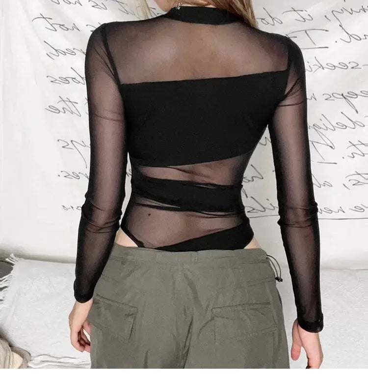 Simples Market black sheer mesh long-sleeve jumpsuit bodysuit with diagonal cutouts, back view