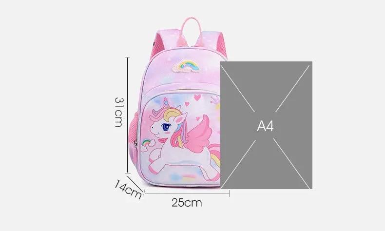 Unicorn backpack for girls, pink cartoon princess design with pastel accents, school bag