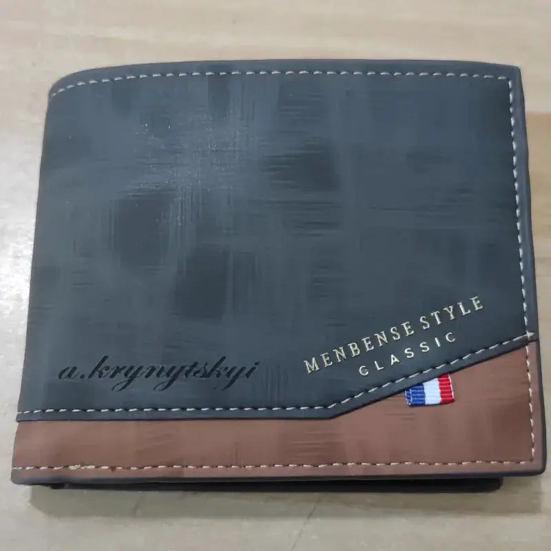 Men's frosted black leather wallet with brown trim, slim card holder and white stitching