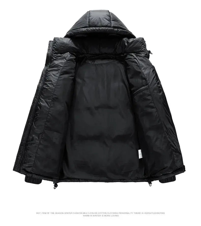 Men's black hooded down coat with 90% white duck down, thick insulated puffer jacket