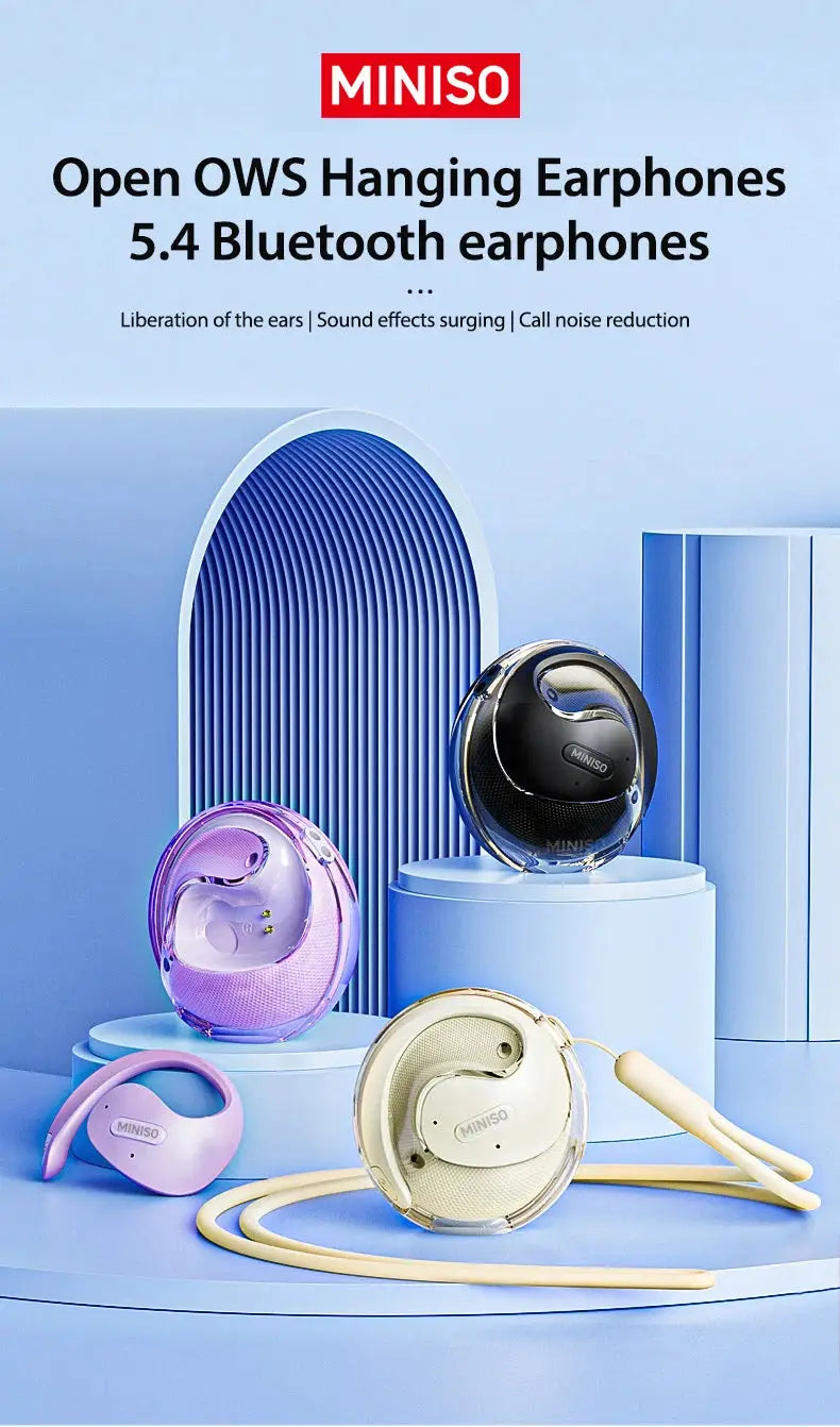 MINISO Open OWS hanging Bluetooth earphones in four color variants on a blue display