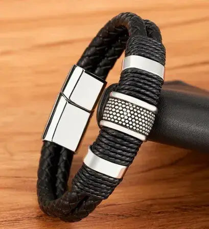 Vintage Woven Leather Rope Wrap Bracelets for Men with Stainless Steel Accents Punk Wristband Jewelry Gift