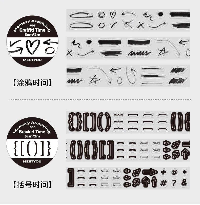 MEETYOU decorative adhesive tape set for junk journaling; two 3cm×2m sheets with memory archiving and bracket designs